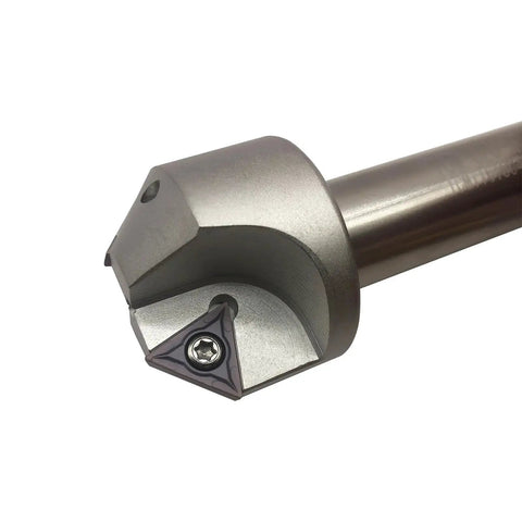 Close-up of Three Quarters Inch Shank Chamfering Tool Bit with Two Blade Boring Bar Holder designed for stainless steel machining.