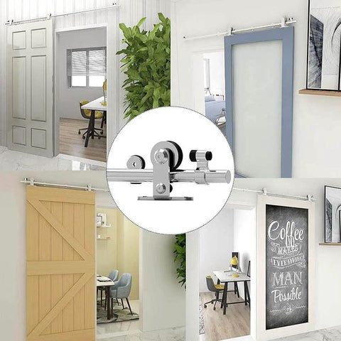 4Ft Sliding Barn Door Hardware Kit For Single Wood Door with top mount stainless steel track shown in various room installations.
