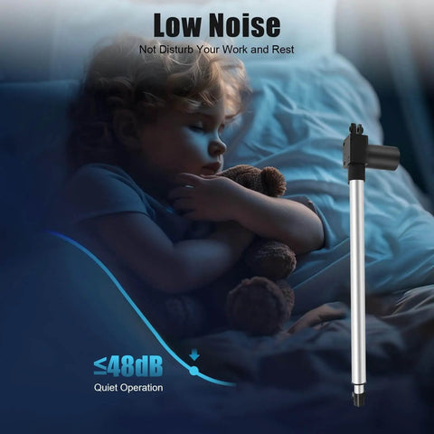 Beefy 12V DC Linear Actuator with 500mm stroke, quiet operation, beside a sleeping child holding a teddy bear