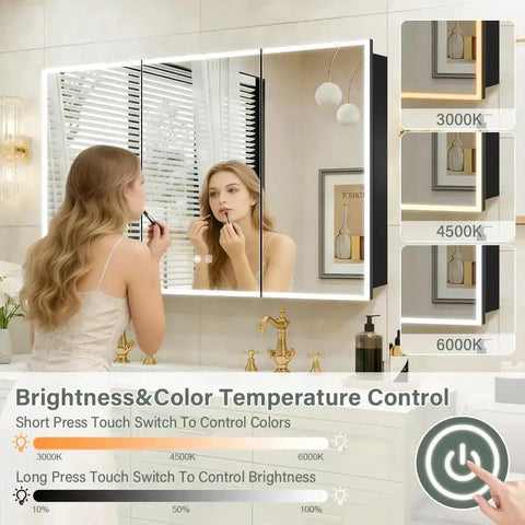 Woman using LED Medicine Cabinet 48 By 32 Inch With Demister, Dimmable Interior Lighting, Three Color Temperature in bathroom