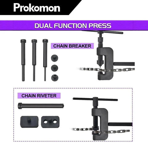 All In One Chain Breaker Tool Kit For Motorcycles And ATVs That Makes Chain Link Removal A Breeze And Riveting Quick And Easy Includes Prokomon 13 Piece Set For Cam Chains From 25 To 630 Built For Bikes Dirt Bikes And More components and tools displayed.