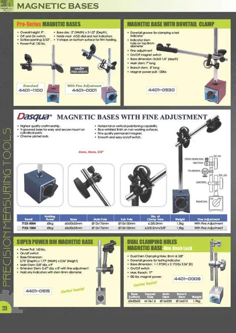 Dasqua magnetic bases catalog page showing chrome adjustable bases, clamps, and accessories.