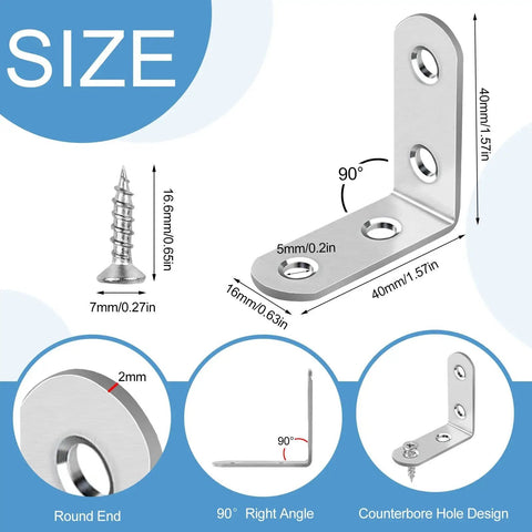 Diagram of 16 Pcs Stainless Steel L Bracket Set With 64 Screws, 90 Degree Right Angle Corner Braces, dimensions and design features shown.
