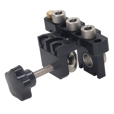 Front view of Precise Dowel Jig Kit for Accurate Drilling and Furniture Assembly, adjustable aluminum drill guide with anodized surface.