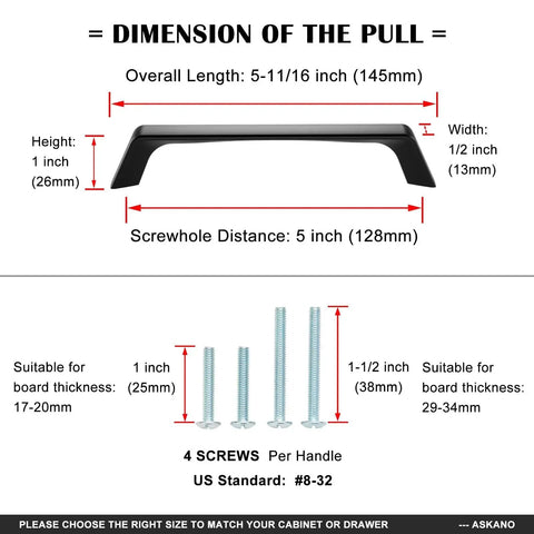 Dimension chart for 10 Pack 5 Inch Hole Centers Brushed Nickel Cabinet Pulls showing length, width, height, and included screws.