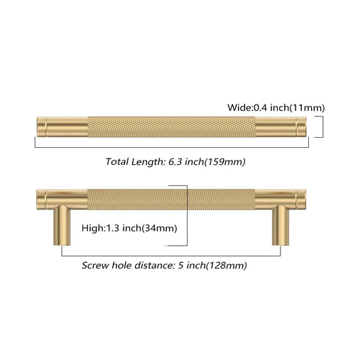 Diagram of 10 Pack 5 Inch Cabinet Pulls Champagne Bronze Knurled Handles, showing dimensions and screw hole distance for kitchen cabinets.