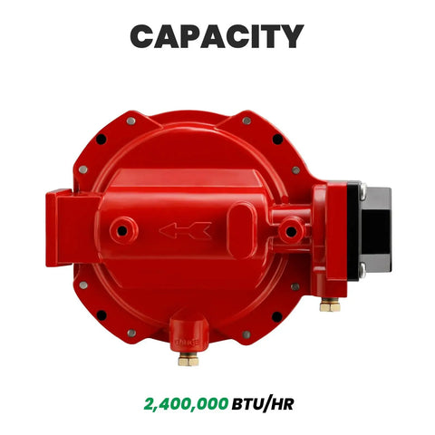 Red propane regulator for LP gas equipment with back mount, high capacity, up to 2,400,000 BTU/hr displayed.