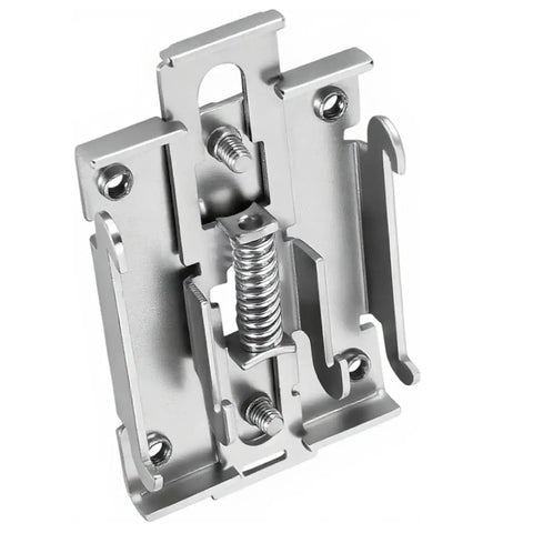 Close-up of stainless steel Two Pack 35mm DIN Rail Mount Brackets With Screws, Stainless Steel Relay Rail Clips For Solid State Relays And Single Phase Installations, Heavy Duty DIN Rail Mount Kit For Electrical Panels And Control Boxes showing detailed construction.