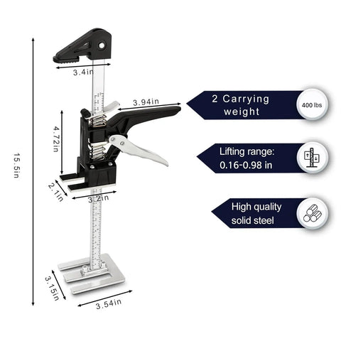Labor Saving Arm Jacks 2 Pack 15.5 Inch Furniture Lifter For Cabinets And Tile with steel construction and weight capacity details.