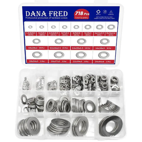 304 Stainless Steel Flat Washer Assortment Kit M1.6 To M24 With 718 Pieces In 16 Sizes for screws and spacers in a plastic organizer