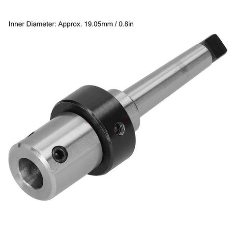 Arbor Morse taper internal cooling drill sleeve adapter, MT2 to R8, steel with 19.05 mm bore, angled side view.