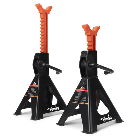 3 Ton Heavy Duty Jack Stands With Self Locking Ratchet, 13.39 To 21.06 Inches, black and orange, front view
