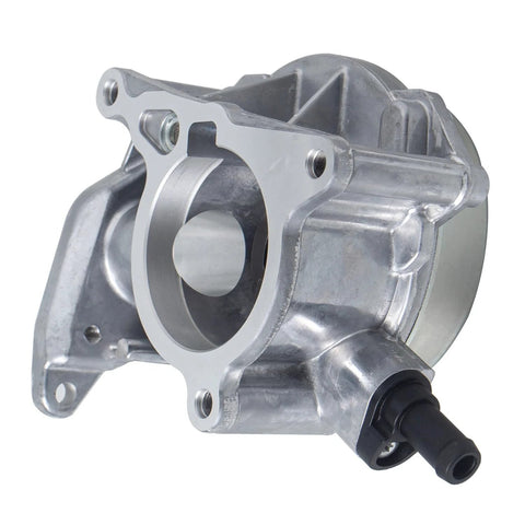 Front view of brake vacuum pump, silver aluminum housing with mounting flange and vacuum hose port.