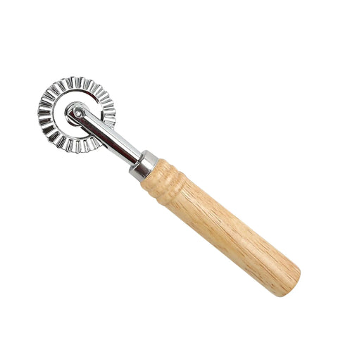 Close-up view of one piece from 2 Piece Zinc Alloy Crinkle Cutter Set With Long Wooden Handle For Pizza Wheel And Ravioli Press Perfect For Making Pasta Noodles Dumplings Ravioli Lace Pastry Pies Cracker Slices In The Kitchen Or On The Go featuring zinc alloy blade and wooden handle.