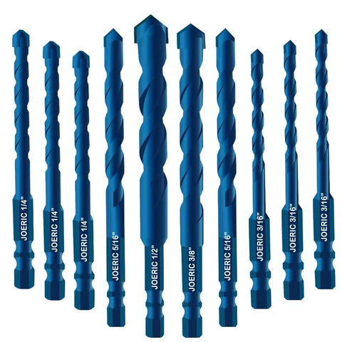 10 Piece Blue Masonry Drill Bit Set Pro Grade For Concrete Brick Ceramic Tile Glass Plastic And Wood Tungsten Carbide Tips 3/16 Inch To 1/2 Inch Rust Resistant For Smooth Holes