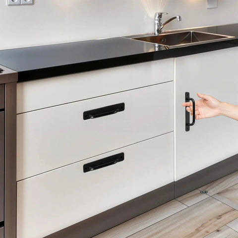 12 Pack 5.8 Inch Aluminum Alloy Black Cabinet Pulls With Screws for barn doors, cupboards, wardrobes, on white kitchen cabinets