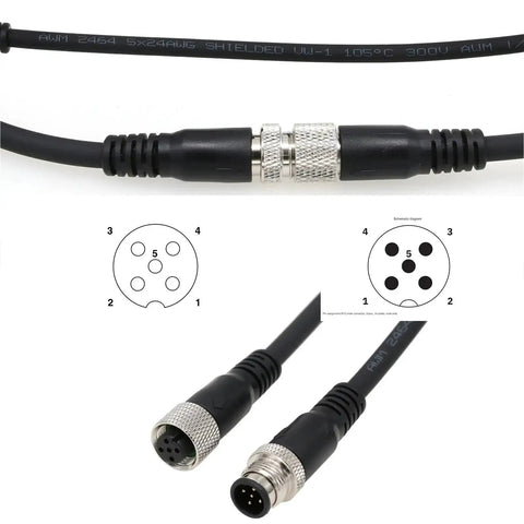 M12 A Coded 5 Pin Male To 5 Pin Female Shielded Cable with diagrams for Industrial Actuator Sensor Automation Device Network IO Link Profibus