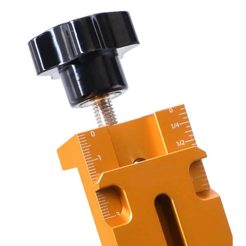 Close-up view of Cabinet Hinge Jig Door Mounting Guide With Adjustable Alignment Tool And Precision Measuring Scale For Pro Grade Kitchen Cabinet Installation Accurate Drilling Replacement Fitting Durable Woodworking Accessory featuring adjustment knob and measuring scale.