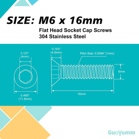 Illustration of M6 1.0 By 16mm Flat Head Hex Socket Cap Screws Countersunk Bolts 304 Stainless Steel with dimensions.