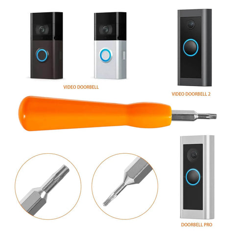 Torx T6 T15 Double End Doorbell Screwdriver with orange handle shown next to compatible Ring doorbells for easy replacement and installation.