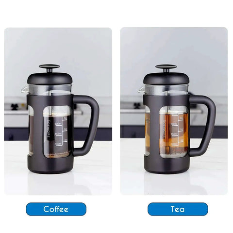 12 Oz French Press Coffee And Tea Maker With Borosilicate Glass Carafe And Soft Grip Handle shown with coffee and tea inside