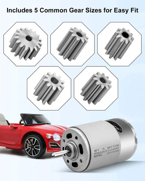 2 Pack 24V RS555 35000RPM Electric Motor Drive Engine with 5 gears for High Speed Ride On Cars, shown with red toy car