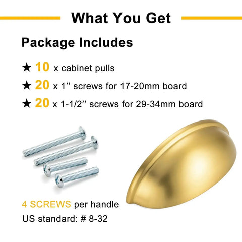 Brushed Gold Cup Drawer Pulls 3 Inch 76mm Set of 10 Durable Metal Cabinet Handles with detailed package contents and screw sizes.