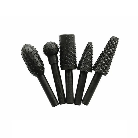 Five Piece Rotary Burr Set For Woodworking Metal Carving And Polishing With One Quarter Inch Shank arranged on white background.
