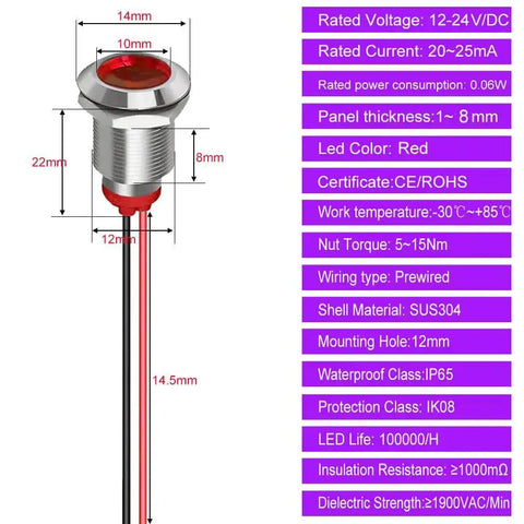 Diagram of 5 Pack 12mm LED Indicator Light Red Waterproof AC DC 12 To 24V Signal Lamp With Wire specifications and dimensions