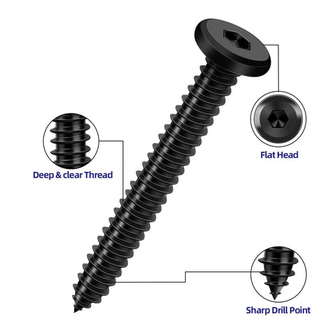 50-Piece M5 X 30mm Black Self-Tapping Screws, 304 Stainless Steel Flat Head Hex Socket Cap Screws With Drive Bit, showing details