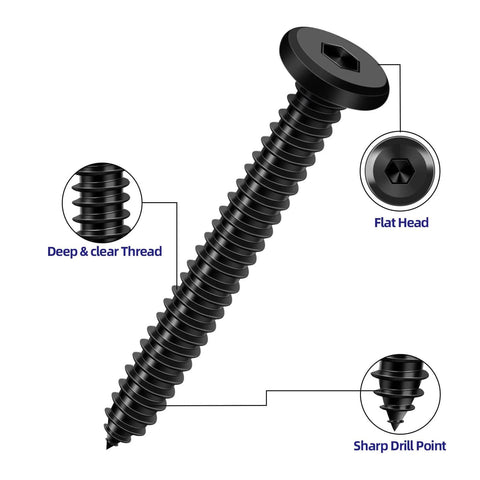 100 Piece M3 10mm Black Self Tapping Screws In 304 Stainless Steel Flat Head Hex Socket Cap Screws With Drive Bit For Wood And Thin Metal Projects Great For DIY Projects And Professional Woodworking, close-up view showing screw features
