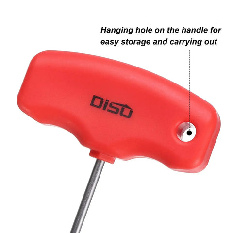 Close-up of red T-handle of Torx Screwdriver Set T15 CR V Steel T Handle Star Key Wrench with hanging hole.