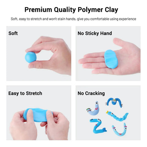 Hands showcasing Polymer Clay Kit With 116 Colors For Oven Bake Modeling, demonstrating softness, flexibility, and no cracking.