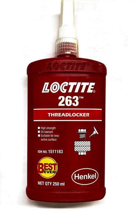 Bottle of Primerless Threadlocker 263 Red, 250 mL Heavy Duty Locking Compound For Permanent Locking And Sealing Of Threaded Fasteners.