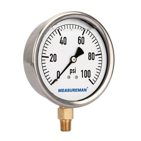 MEASUREMAN 4-inch glycerin-filled pressure gauge, stainless steel case, 0-100 psi, 1/4 in NPT lower mount
