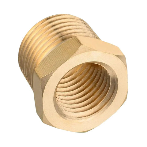 Close-up of Brass Reducer Hex Bushing One Inch NPT Male To Three Quarter Inch NPT Female Pipe Fitting Adapter made of durable forged brass