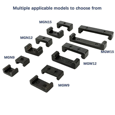 Black steel blocks for linear rails, various models including MGN12, MGW12, and MGN9, shown in multiple sizes and shapes.