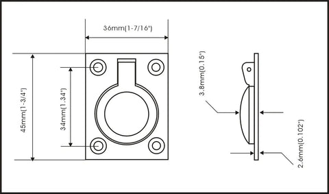 Technical diagram of Solid Brass Flush Ring Pull Handle 36.5 By 45 Millimeters Matte Black Finish, showing dimensions and side view.