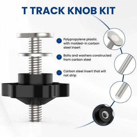 Ten Pack T Track Knob Kit With One Quarter Twenty Bolts And Washers For Jigs showing a close-up of star knob and bolts.