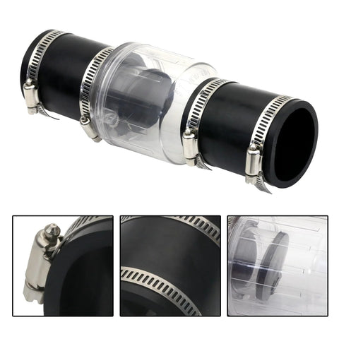 Amazon BISS 1-1/2 in sump pump check valve with loaded flapper; translucent body, black ends, stainless hose clamps.