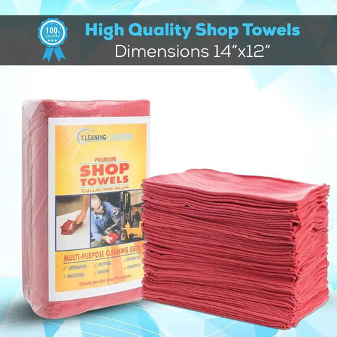 Premium Cotton Shop Towels 14x12 Inches 90-Count Reusable Cleaning Rags For Auto, Garage, Home And Industry Absorbent Grease Oil Spill Cleanup With Premium Recycled Fibers Red.