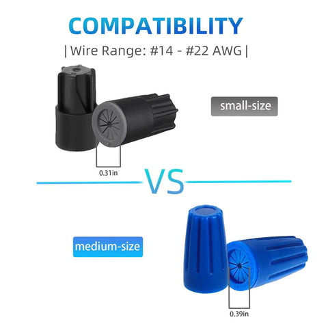 Two waterproof outdoor wire connectors: black small-size cap (0.31 in) and blue medium-size cap (0.39 in) 22-14 AWG