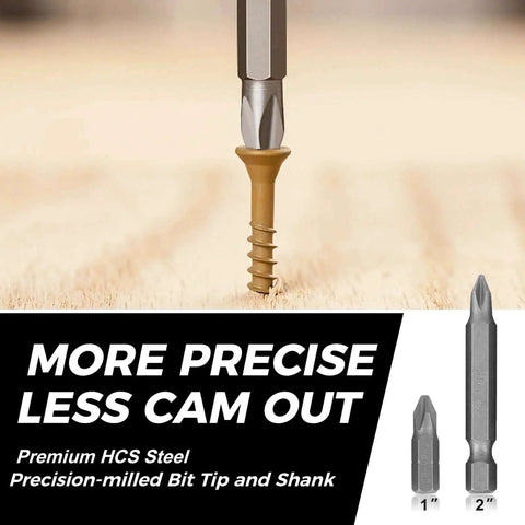 Close-up of screwdriver bit from All In One 246 Piece Drill Bit Set For Cordless Drills with wood surface and screw.