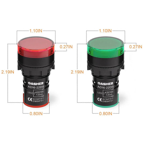 Energy Saving Indicator Lights Set For 12V, 24V And 110V Systems, 20 mA, 22 mm Mounting Hole, Red And Green High Brightness LEDs, 10 Pcs