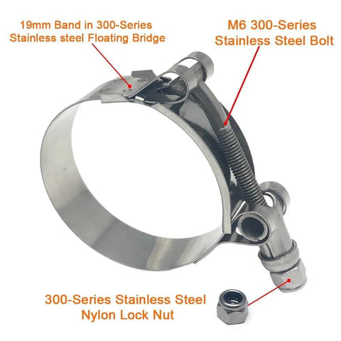 2 Pack 2 Inch Stainless Steel T Bolt Hose Clamps With 56 To 64 Mm Range For 2 Inch Hose ID Heavy Duty Leak Proof Clamp Set Ideal For Automotive Industrial Equipment And Marine Applications showing close-up of clamp components labeled.