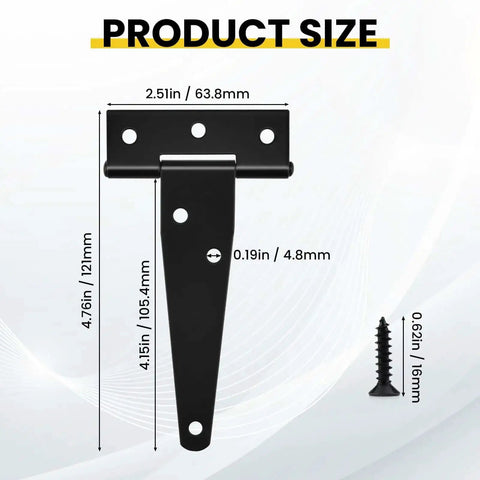 4 Pack Heavy Duty T Strap Gate Hinges for Barn Doors, Black 4 Inch Tee Hinges size chart with screw, rust resistant iron construction.