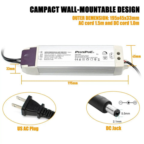 30W Dimmable LED Driver Power Supply From 120V AC To 24V DC Magnetic Transformer with US AC plug and DC jack in wall-mountable design.