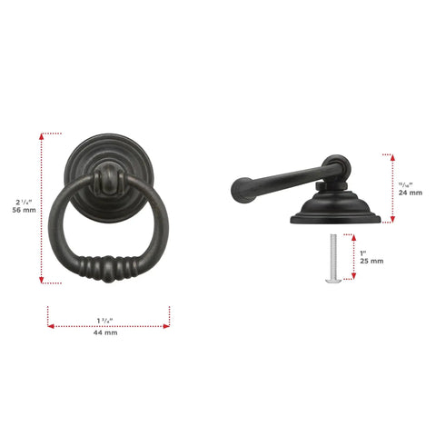 Provence Collection Matte Black Iron Ring Pull for cabinets and drawers, traditional hardware, dimensions labeled, front and side view