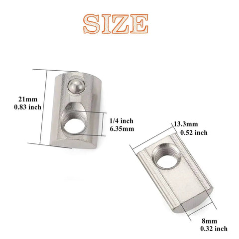 Fifteen Pack One Quarter Inch Twenty Spring Loaded T Nuts With Ball Bearings Boxed Set Zinc Plated Carbon Steel Heavy Duty T Slot Nuts for 4040 Series and Slot Eight Aluminum Extrusions, showing size dimensions.