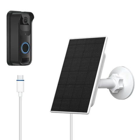 2W Solar Panel Charger For Blink Doorbell With USB C 5V Output, shown with IP65 waterproof kit, 9ft cable, and adjustable bracket